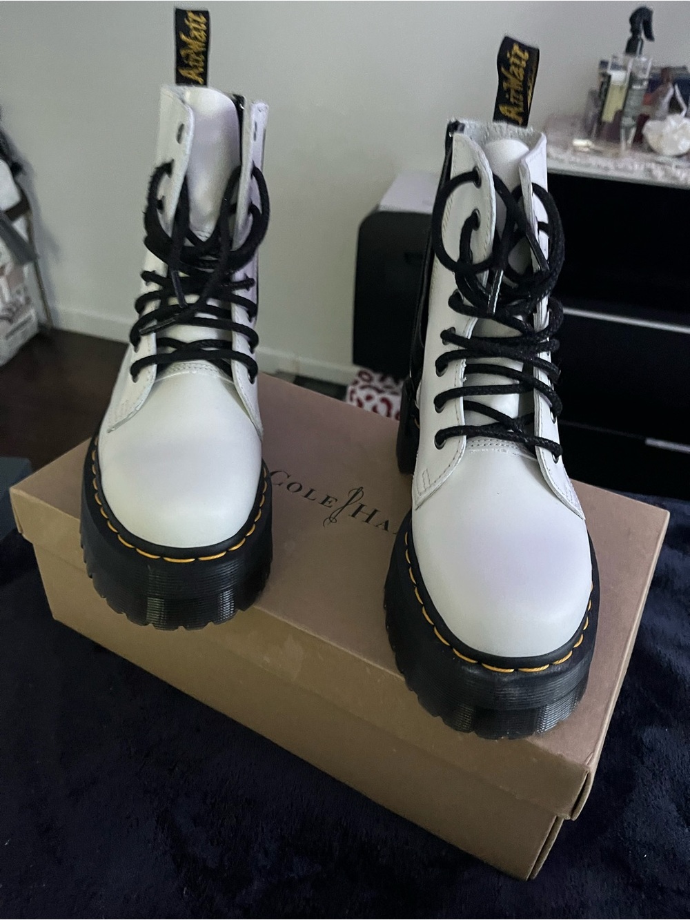Dr. Martens White Platform Lace-Up Boots with Black Soles